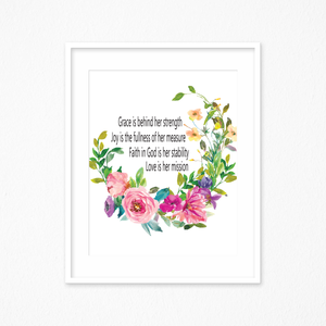 Bible Verse Print, Scripture Printable, Scripture Wall Decor, Grace is Her Strength Sign